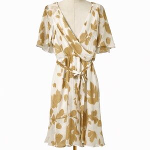 DKNY White and Brown Floral Wrap Midi Dress